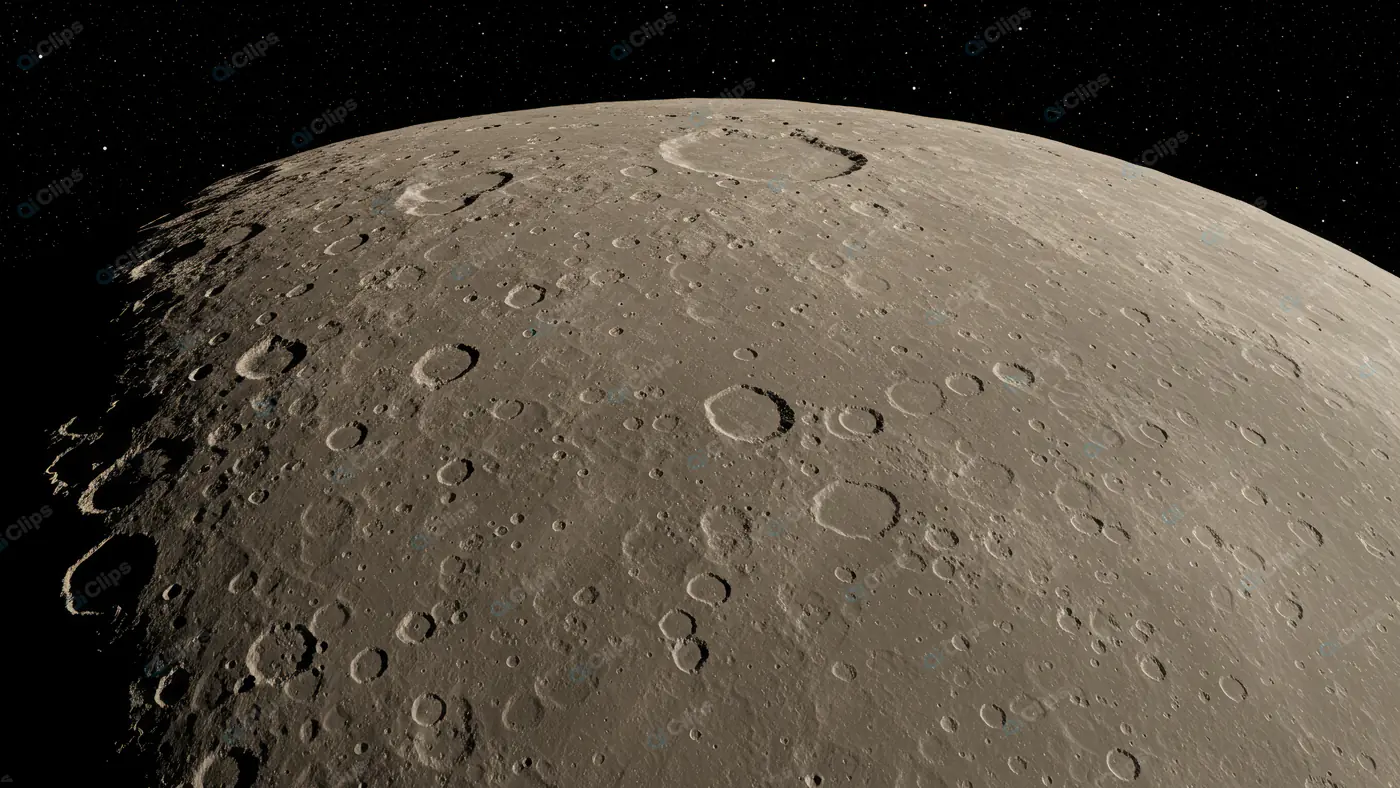 Cratered Surface of the Moon Viewed from Orbit Against a Starry Sky