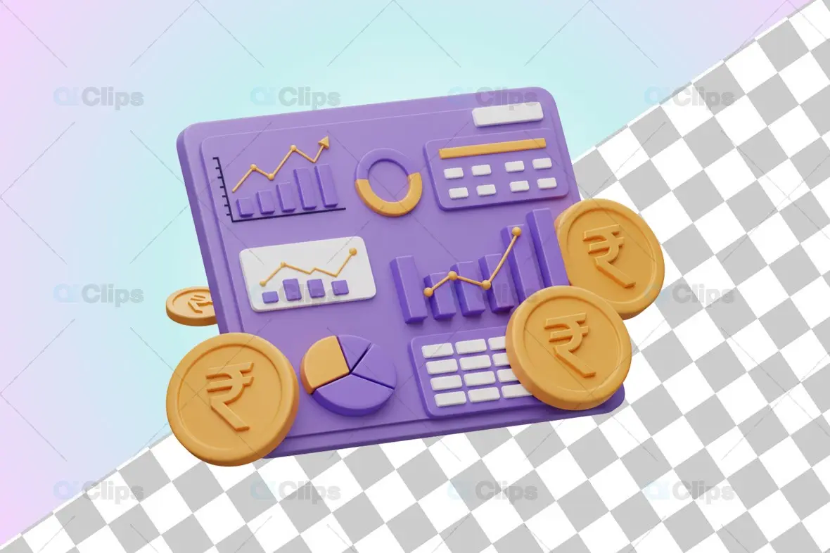 3D Financial Dashboard Illustration with Rupee Symbol