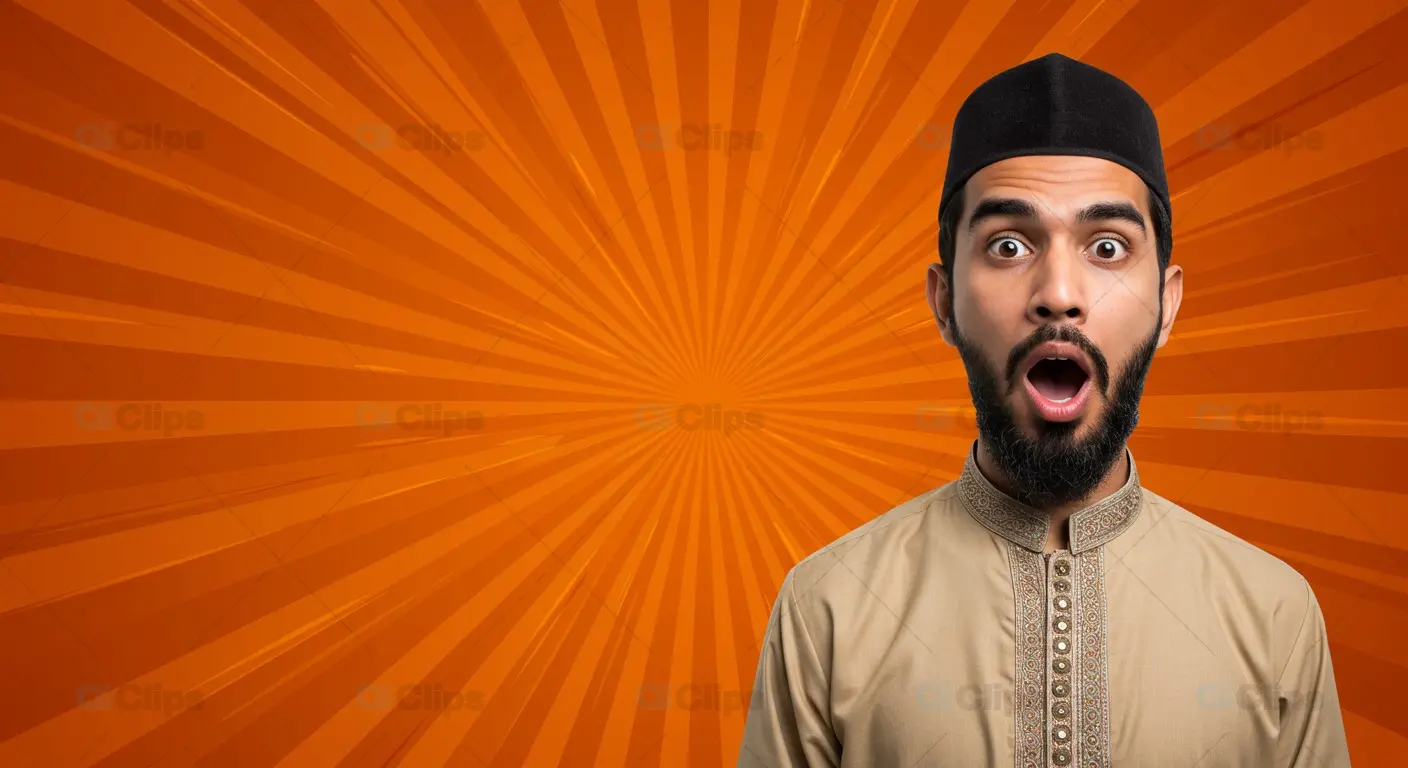 Surprised Man in Traditional Attire with Comic-Style Background