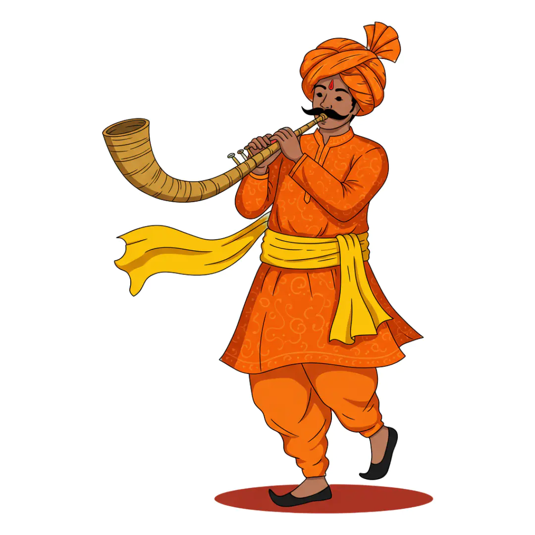 Indian Wedding Shehnai Player PNG Clipart in Orange Traditional Attire