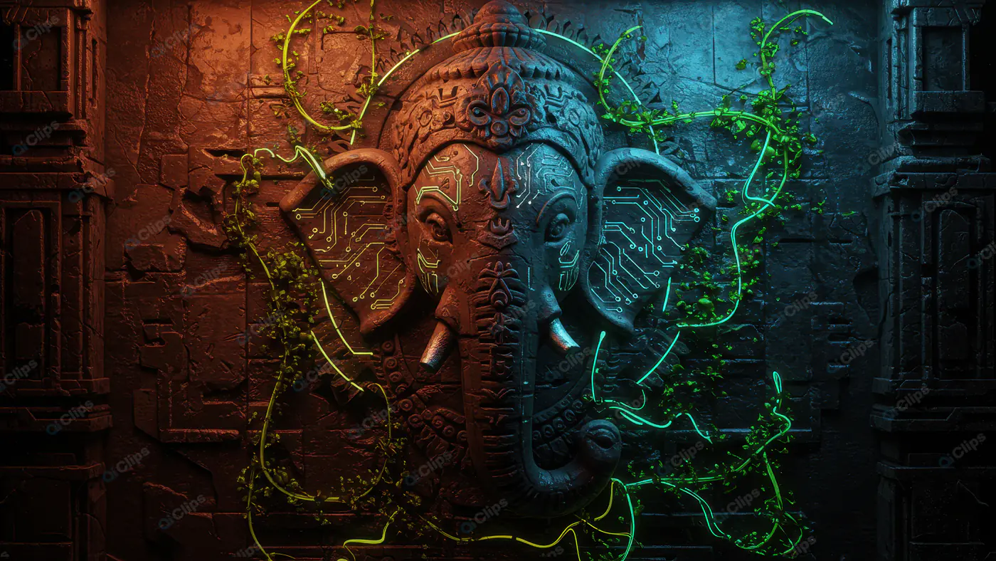 Futuristic Lord Ganesha Sculpture with Circuit Patterns and Neon Vines