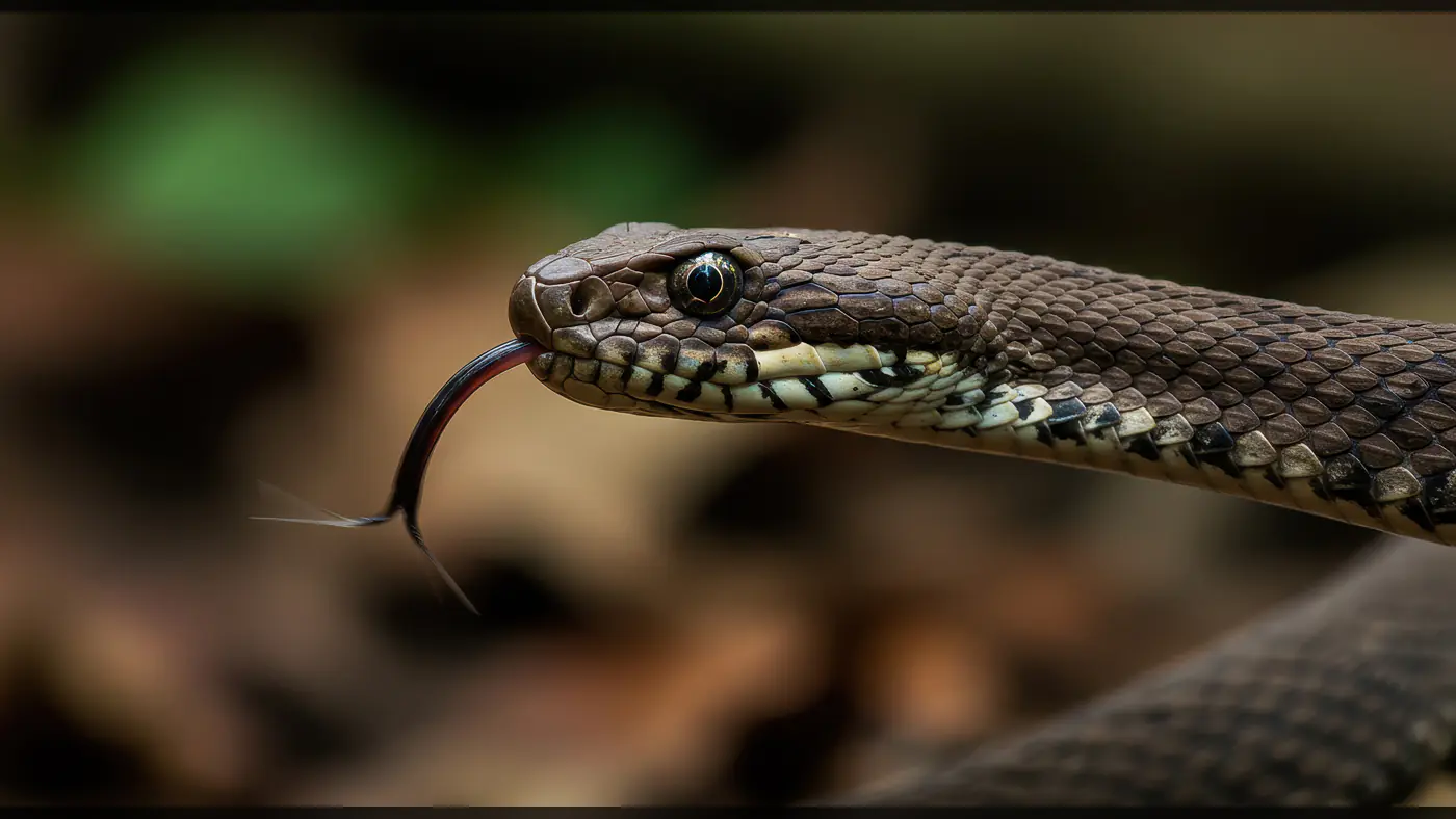 Close-Up of Brown Snake with Forked Tongue Out in Forest Environment