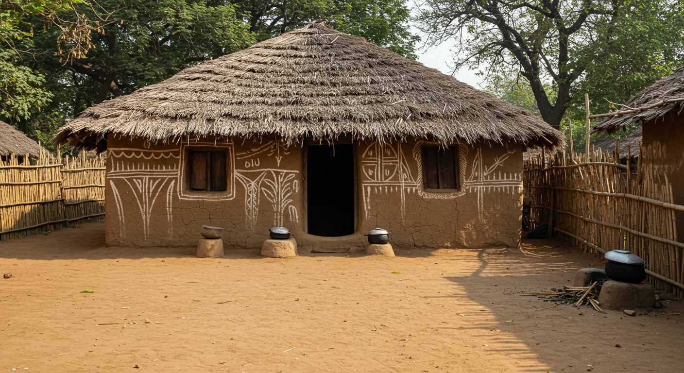 Authentic Indian Tribal Mud Hut with Bamboo Fence and Traditional Wall Art