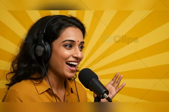 Smiling Indian Woman Podcasting with Headphones and Microphone