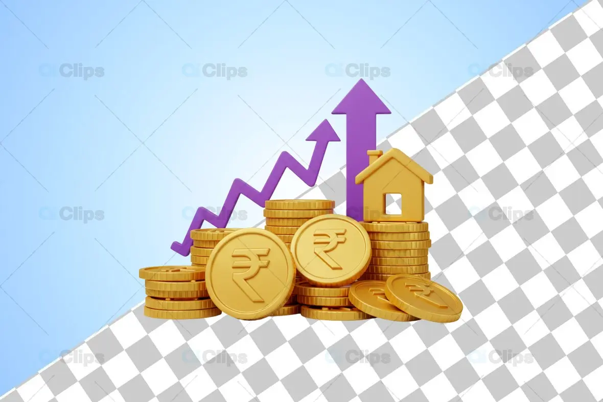 3D Real Estate Investment Growth Illustration with Rupee Symbol