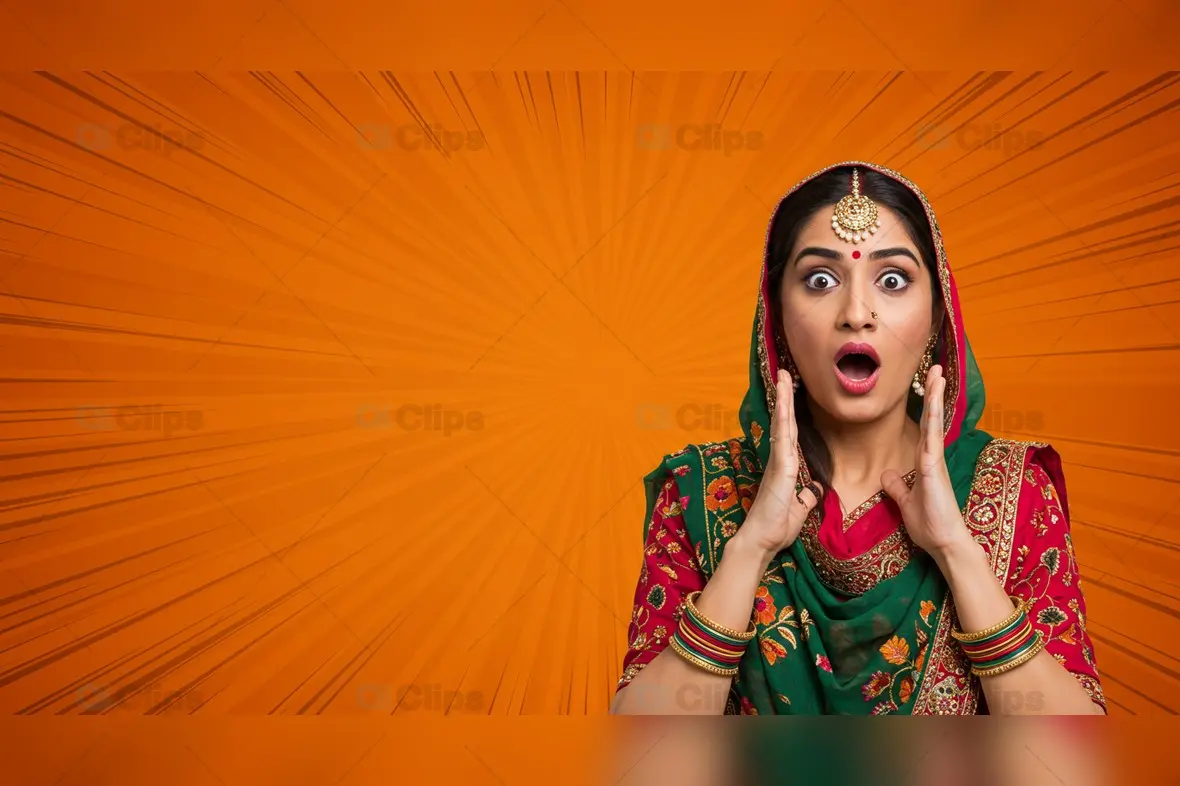 Surprised Indian Woman in Traditional Attire with Comic-Style Background