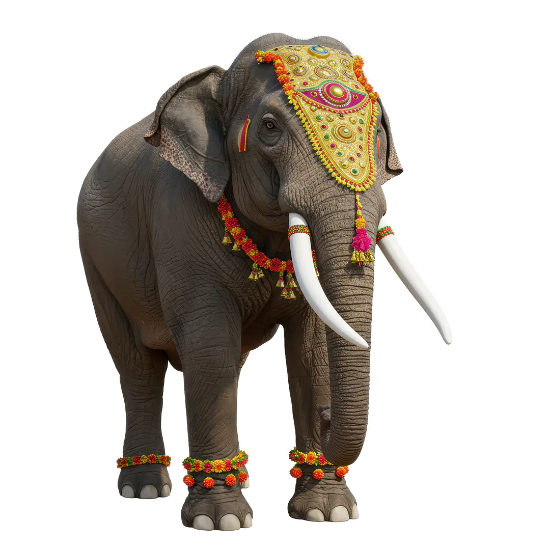 Indian Festival Elephant Decorated with Floral Garlands and Ornate Headpiece