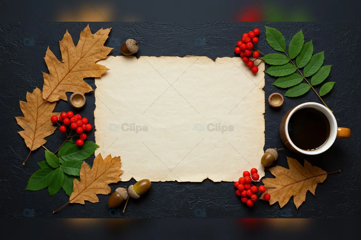 Autumn Flatlay with Blank Paper, Coffee, and Natural Elements