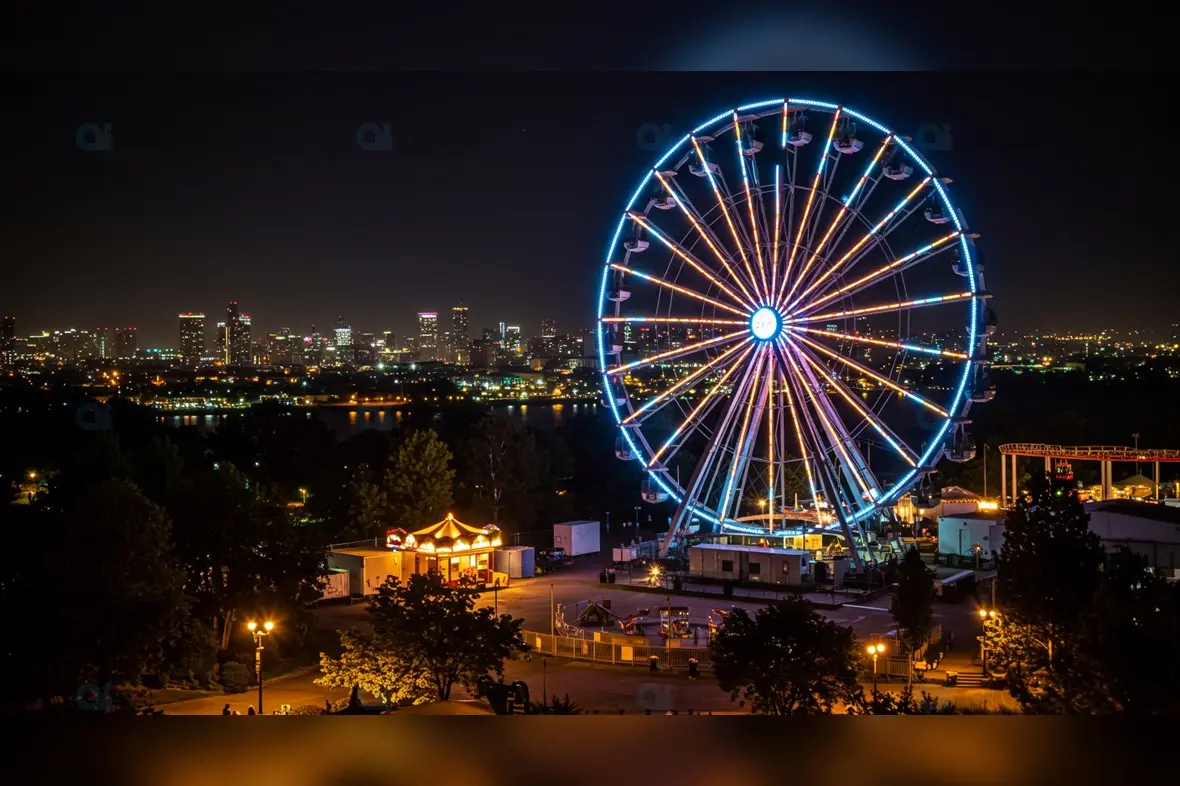 Vibrant Nighttime Ferris Wheel Over Urban Skyline