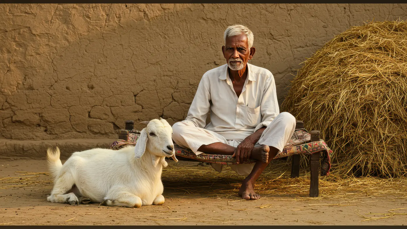 Elderly Indian Farmer Sitting on Cot with Goat in Rural Village Scene