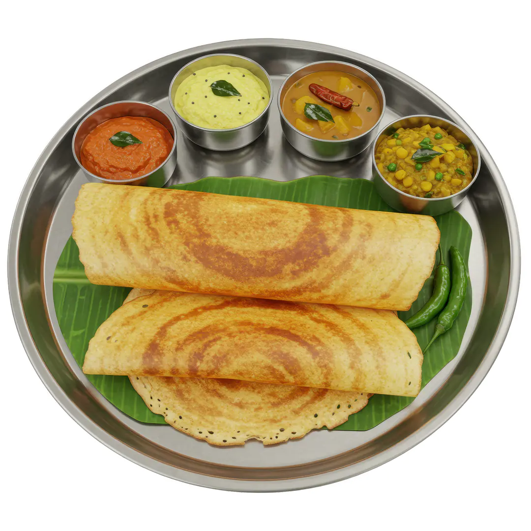 South Indian Dosa Thali PNG with Chutney and Sambar on Banana Leaf