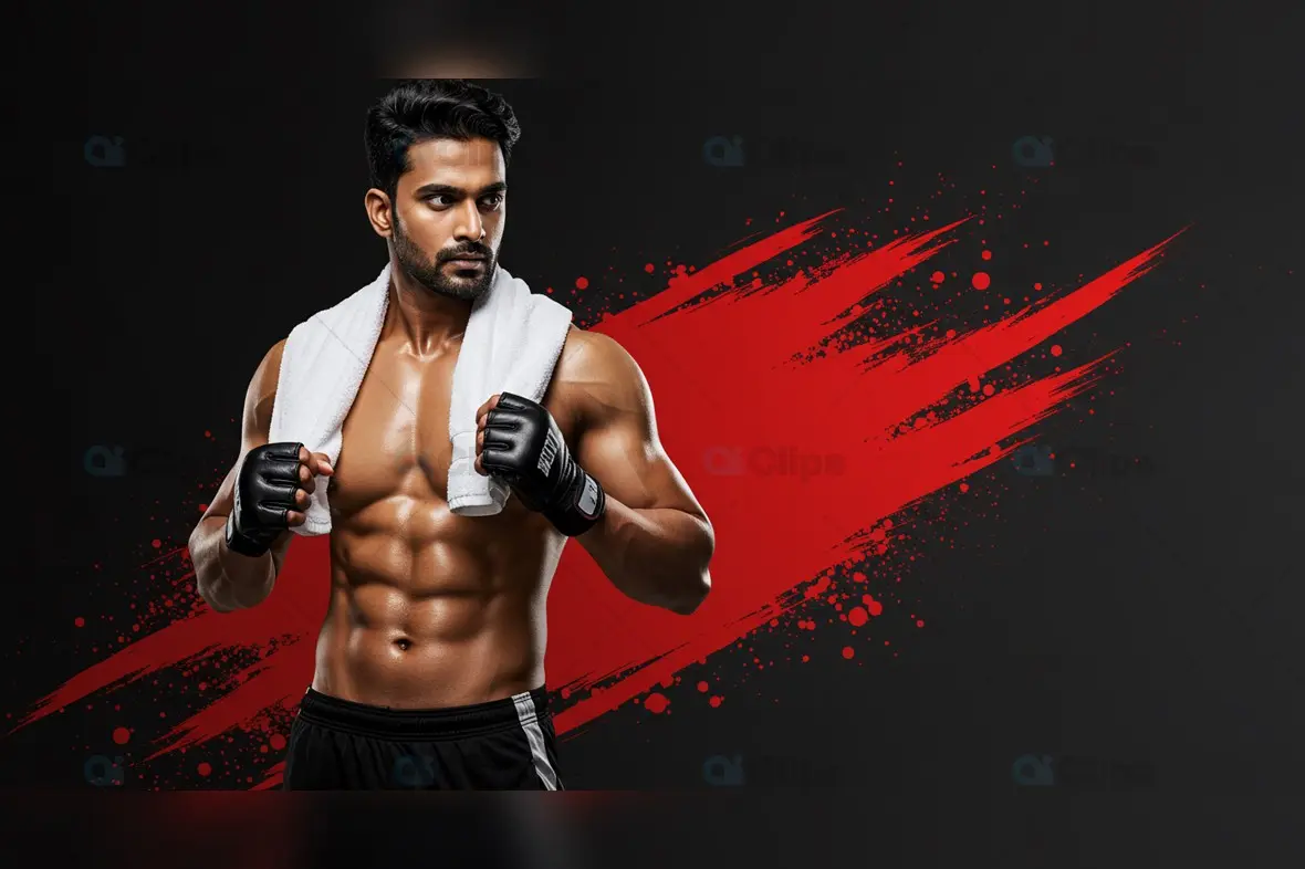 Muscular Indian Athlete with Boxing Gloves and Towel on Black Red Background