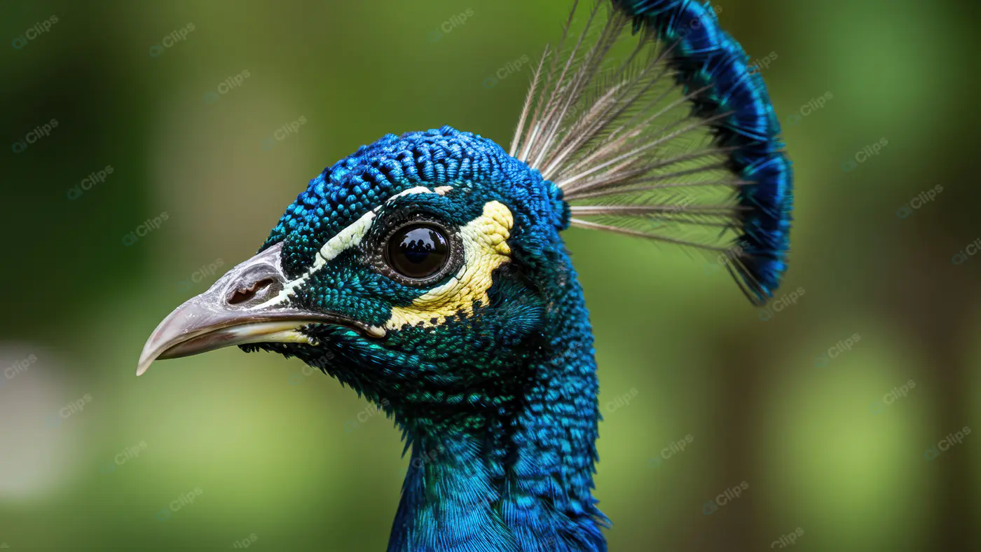 Close-Up of Indian Peacock Head with Detailed Eye and Feather Crown on Green Background