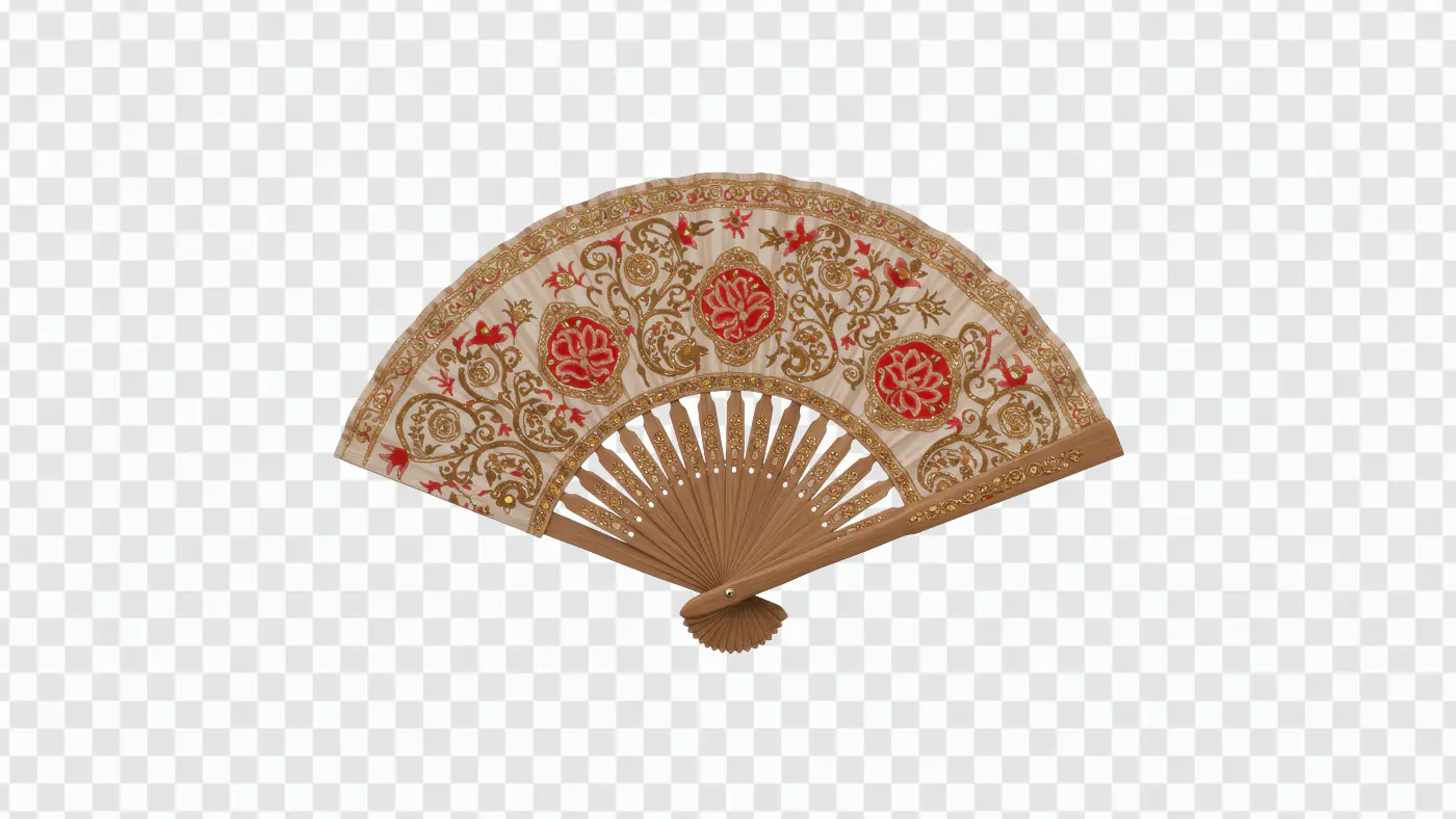 Elegant Indian Embroidered Hand Fan PNG – Red Floral Royal Design with Transparent Background