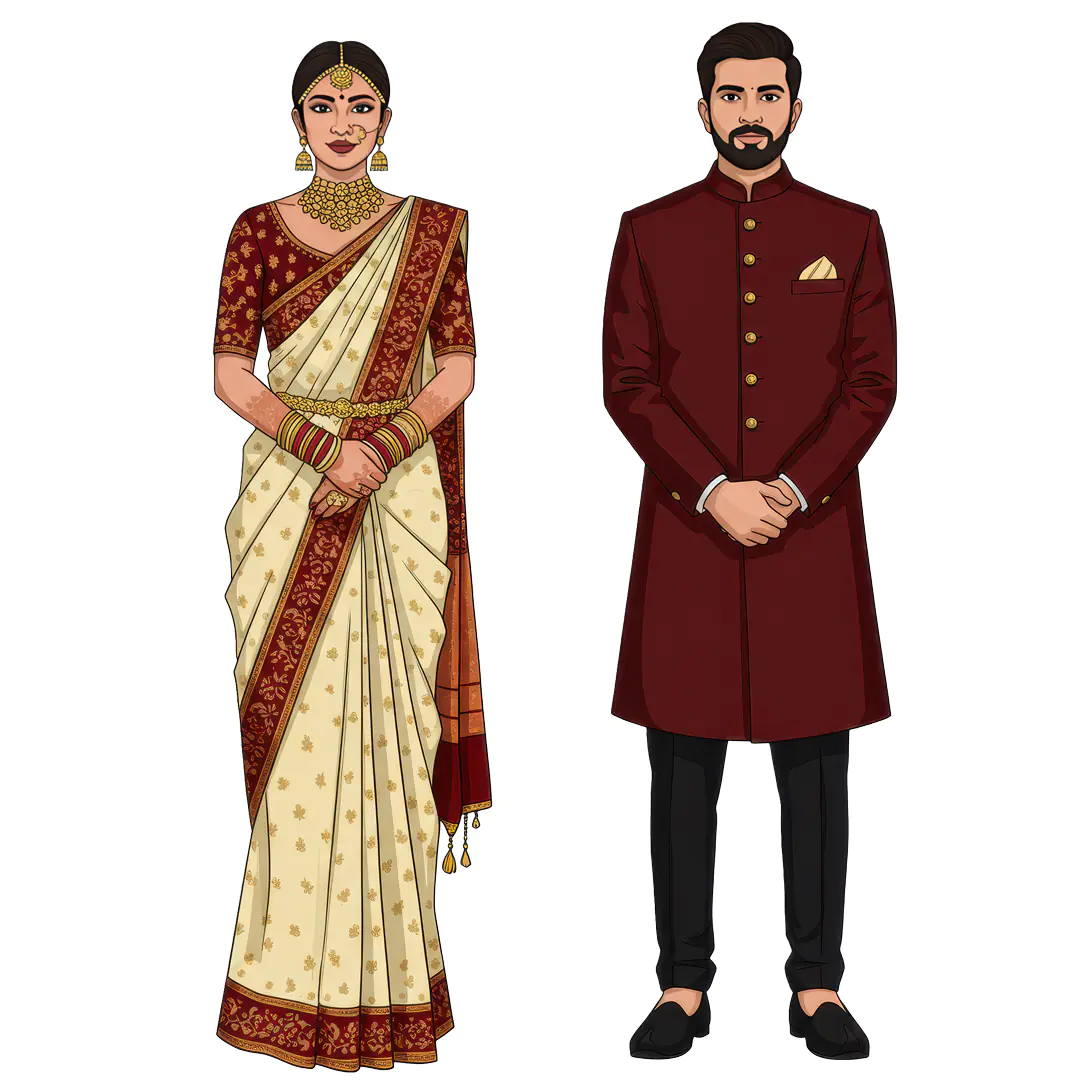 Indian Wedding Couple PNG – Traditional Saree & Sherwani Full-Length Illustration