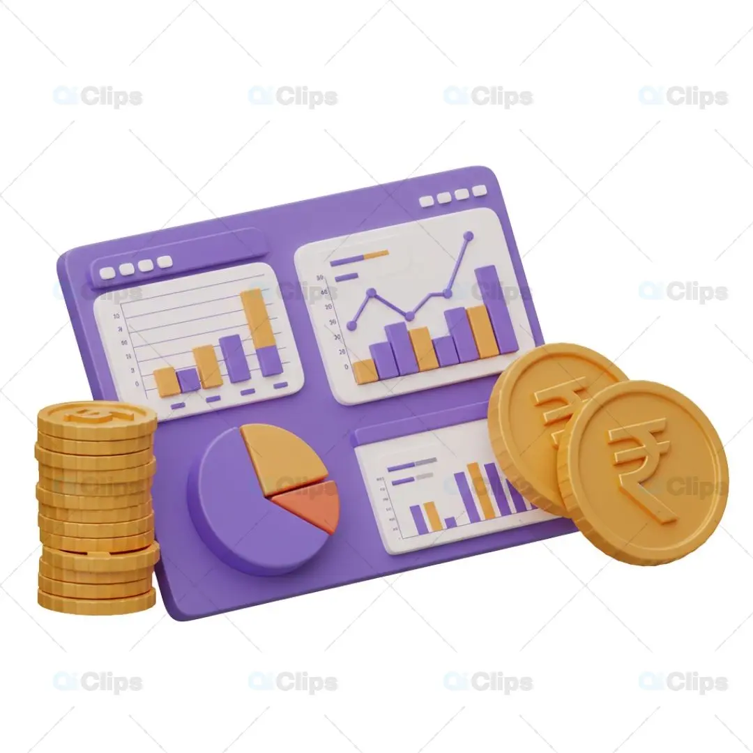 3D Financial Analysis Dashboard with Rupee Coins Illustration