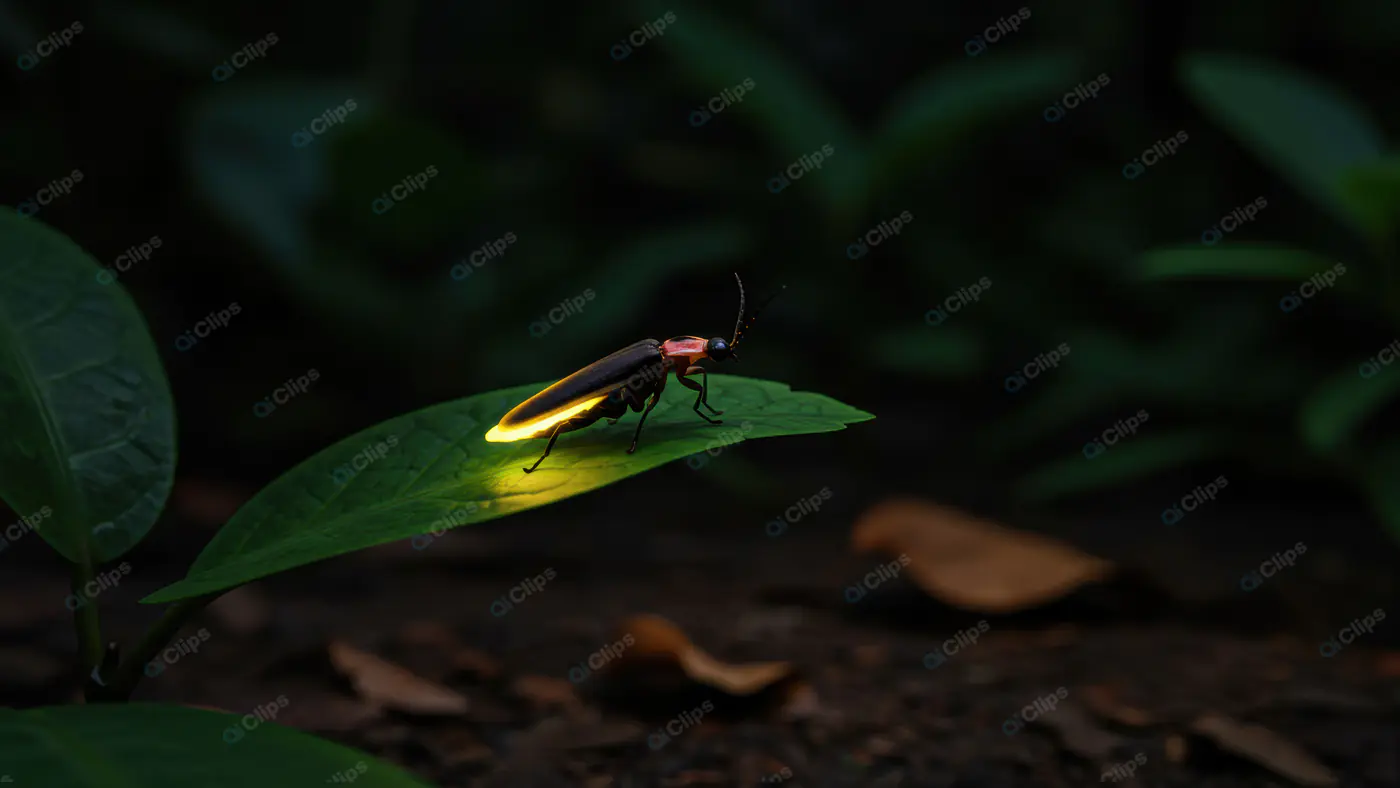 Glowing Firefly on Green Leaf at Night in Forest