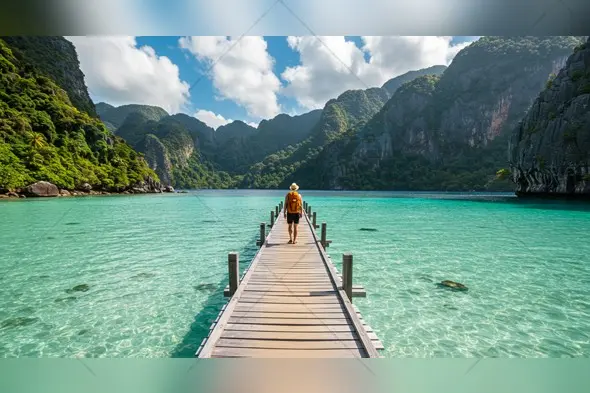 Traveler on Wooden Pier Over Turquoise Lagoon in Tropical Paradise
