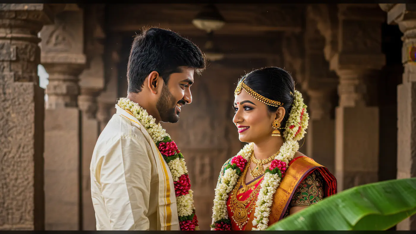 Traditional South Indian Wedding Couple Smiling at Temple Venue