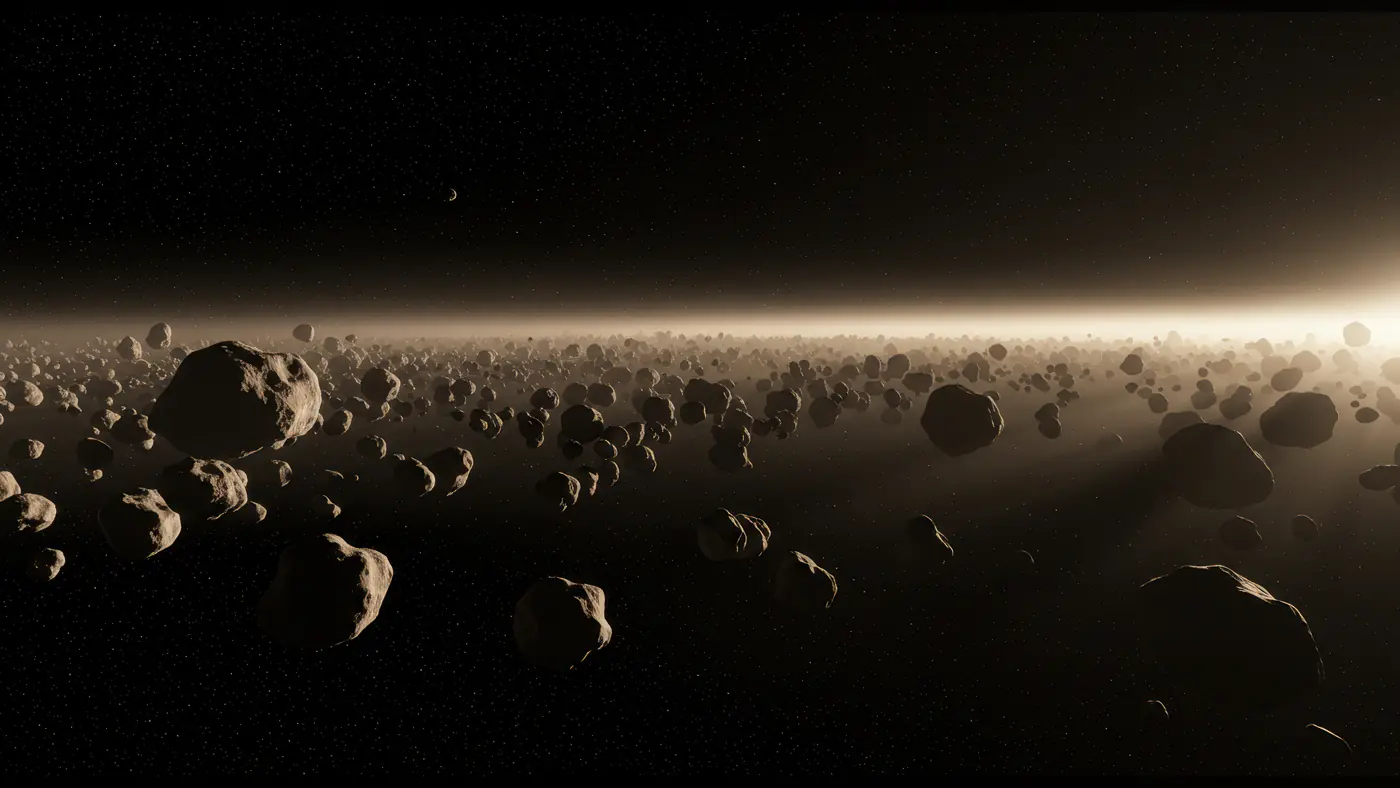 Dense Asteroid Belt Floating in Deep Space with Cosmic Glow