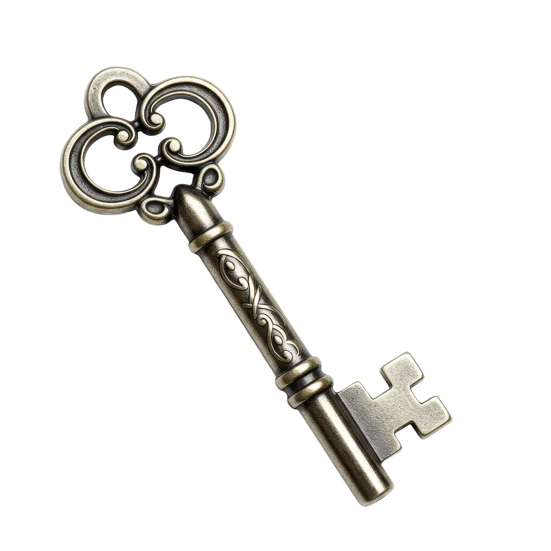 Classic Antique Skeleton Key PNG – Vintage Silver Ornate Key with Transparent Background