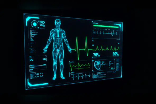 Futuristic Medical HUD Interface with Human Body Scan and Heart Rate Monitor