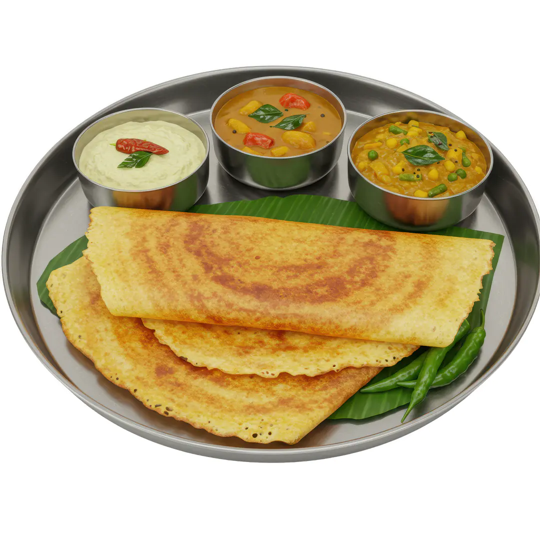 South Indian Dosa Thali PNG with Coconut Chutney, Sambar, and Dal on Banana Leaf
