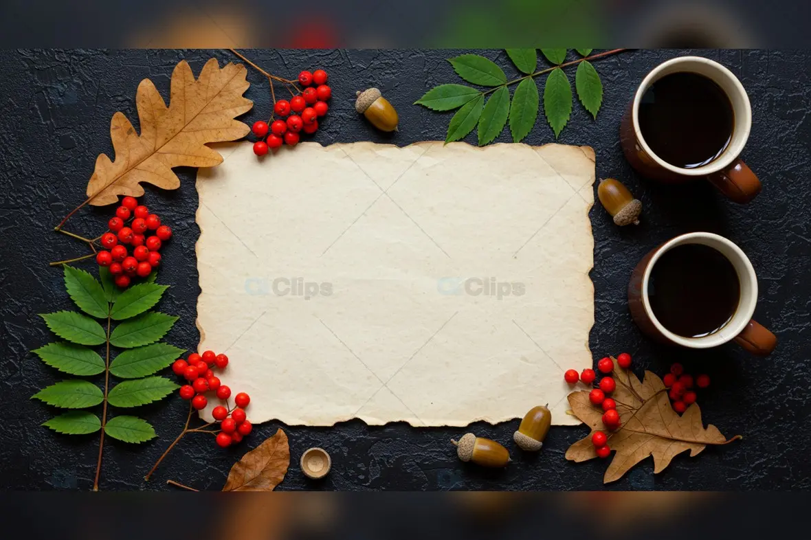 Autumn Coffee Scene with Blank Vintage Paper and Natural Elements