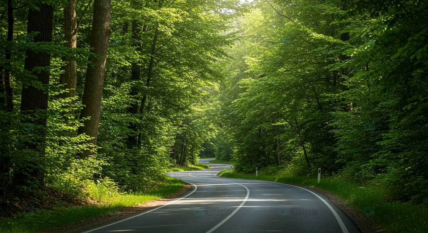 Winding Forest Road with Sunlit Canopy