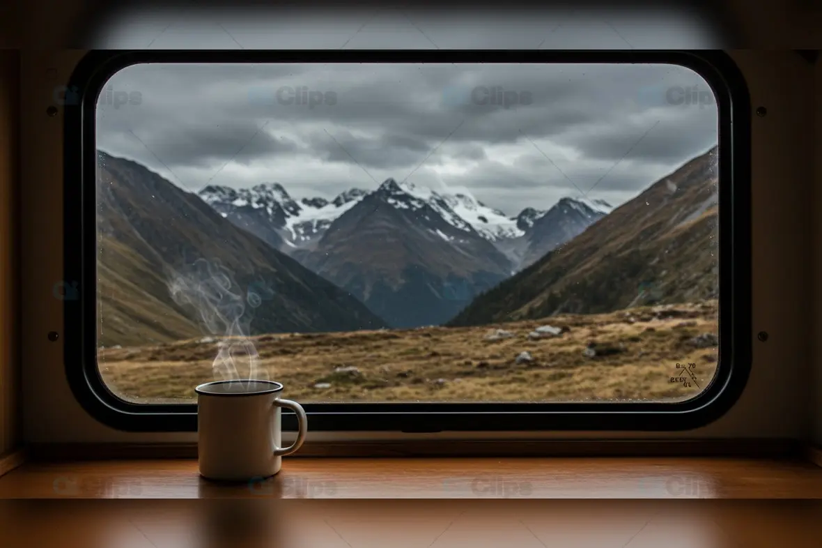 Steaming Coffee Mug Against Snowy Mountain Train Window View