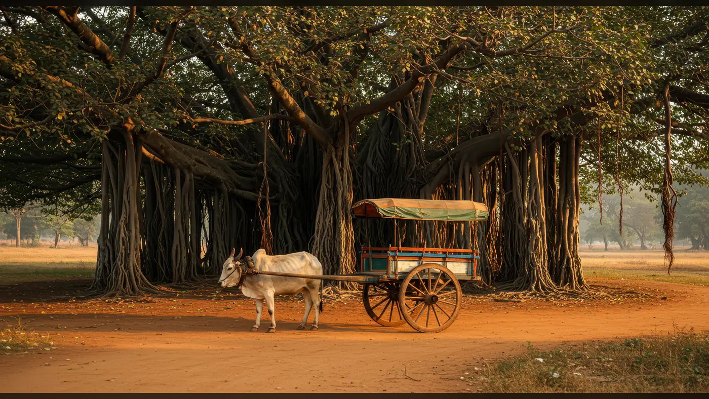 Traditional Indian Bullock Cart Under Banyan Tree