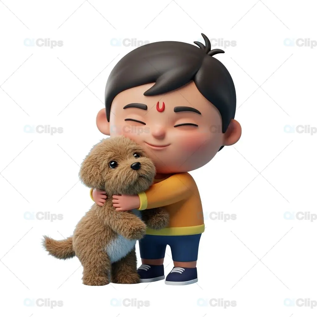 Boy Hugging Dog 3D Character Illustration
