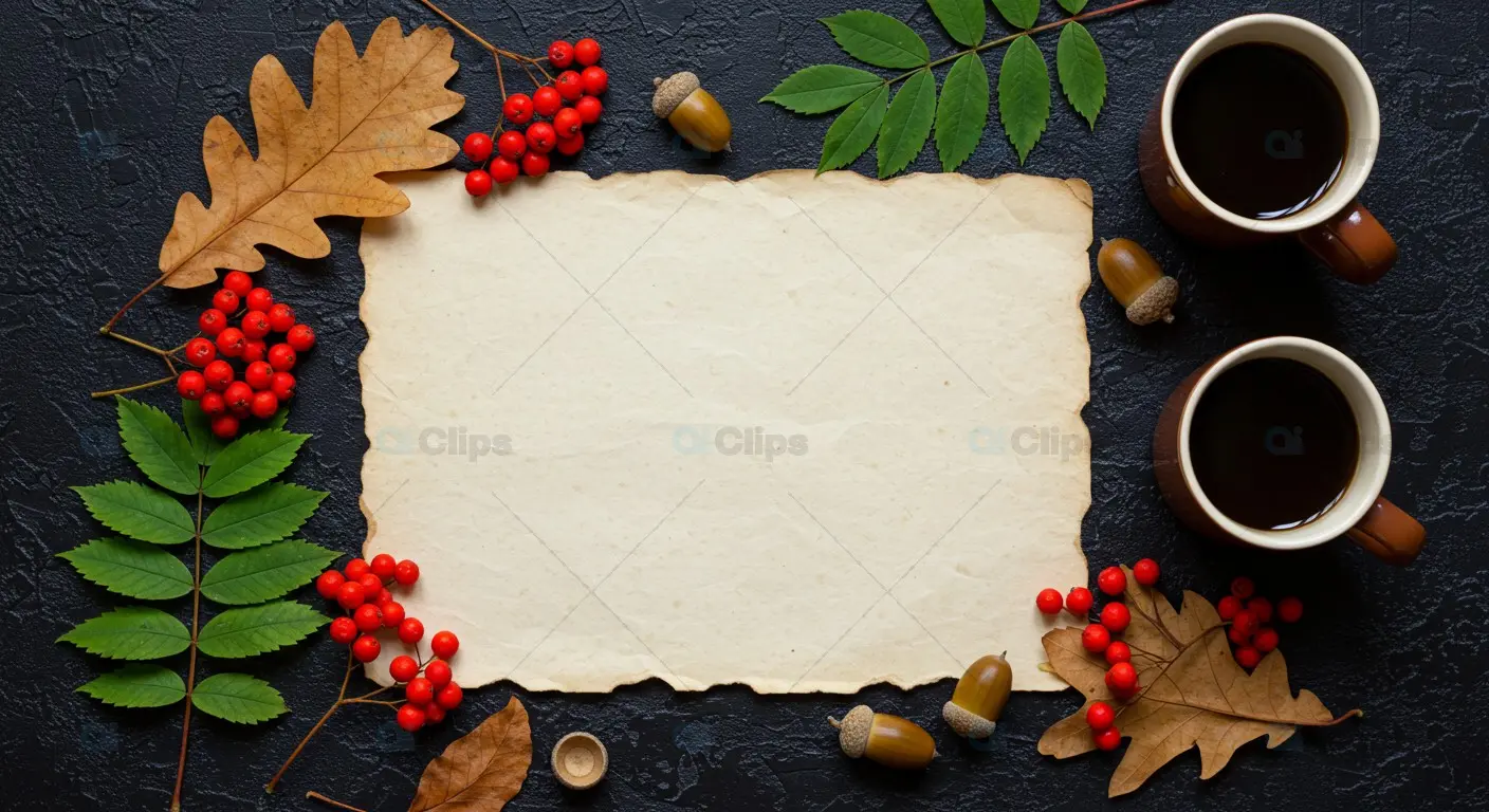 Autumn Coffee Scene with Blank Vintage Paper and Natural Elements