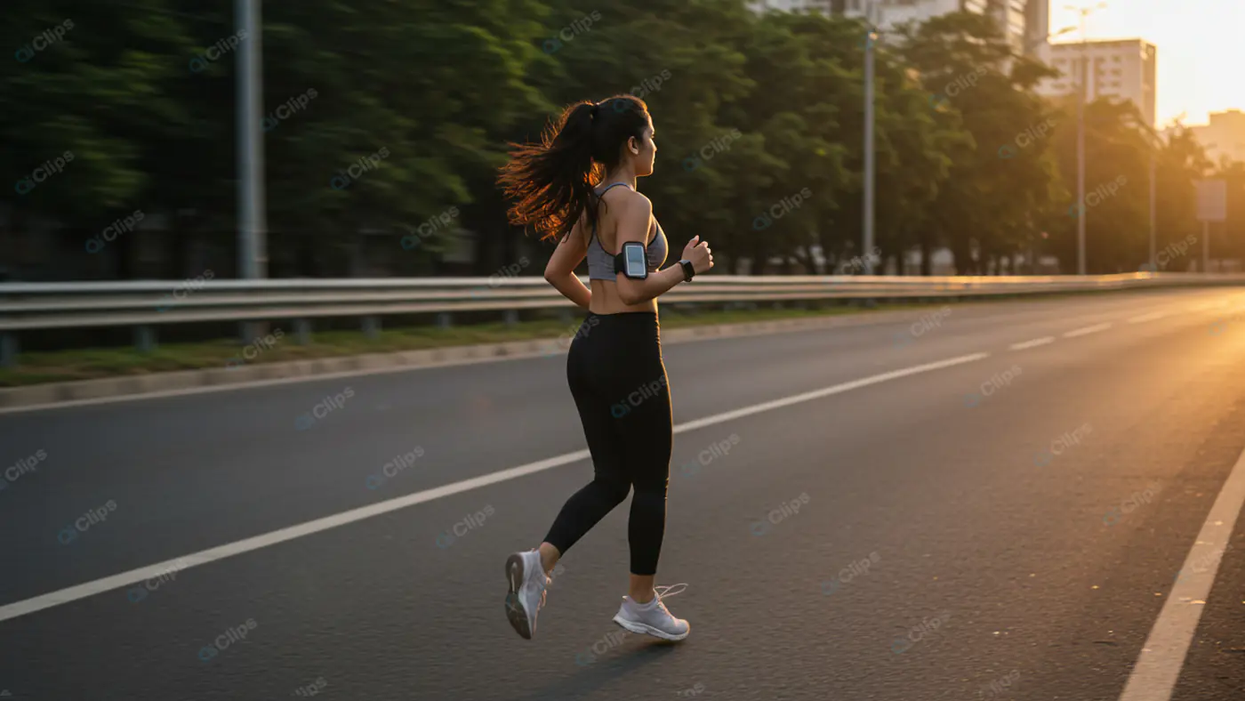 Urban Sunset Jog: Woman in Motion