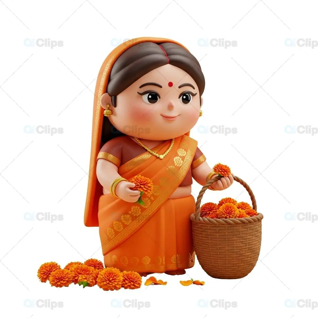 Traditional Indian Woman in Orange Saree 3D Illustration with Marigolds