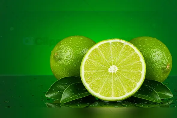 Lime Slice with Water Drops on Green Background