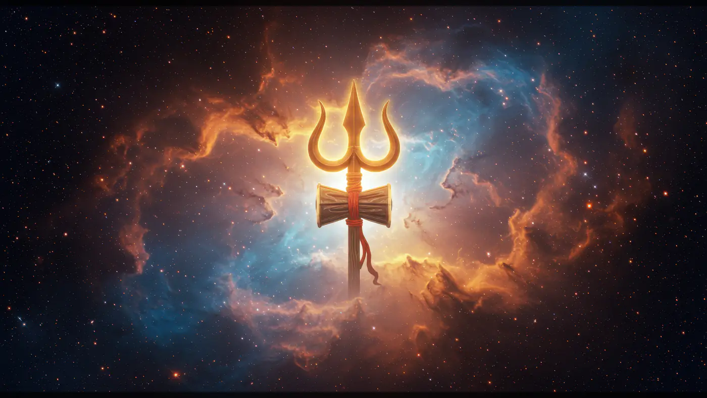 Divine Trishul with Damru Floating in Cosmic Nebula