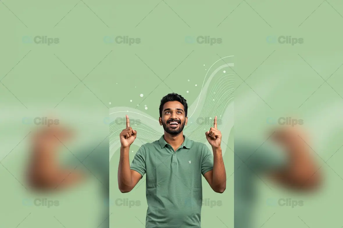 Happy Indian Man Pointing Up with Green Abstract Background