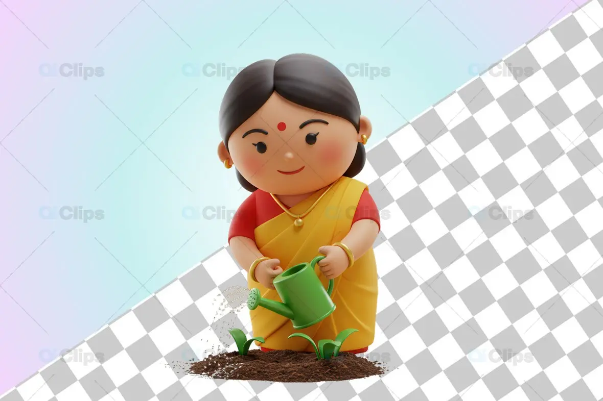 Indian Woman Watering Plants 3D Illustration