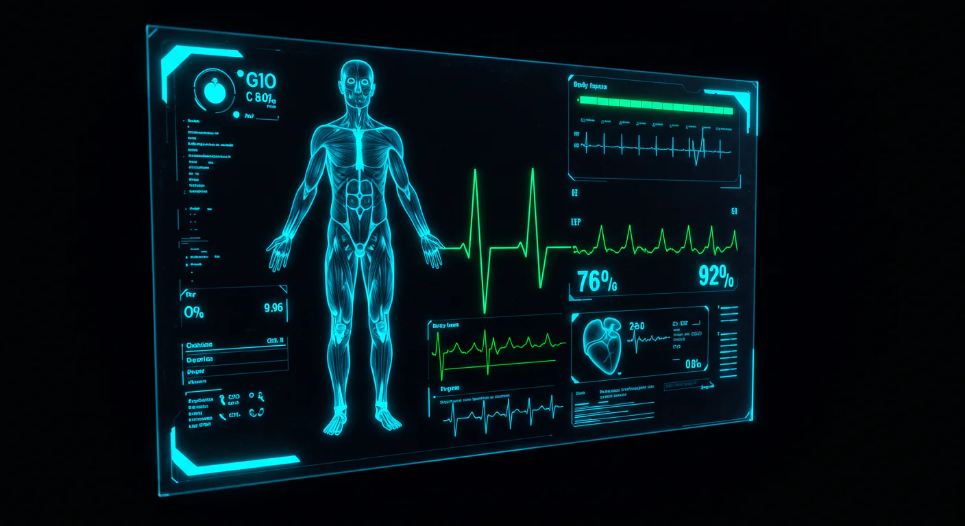 Futuristic Medical HUD Interface with Human Body Scan and Heart Rate Monitor