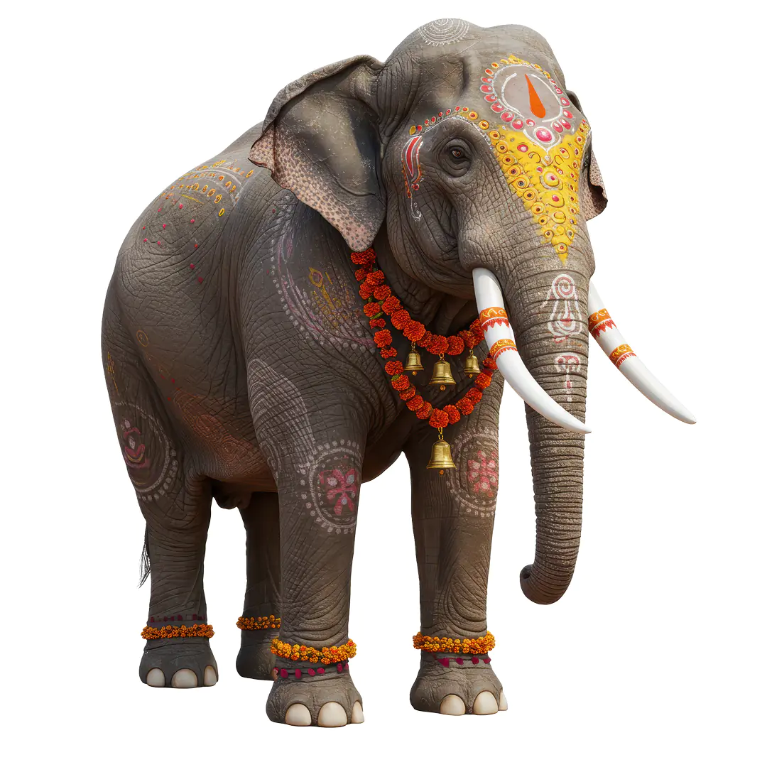 Decorated Indian Elephant with Traditional Paint and Garland for Festival