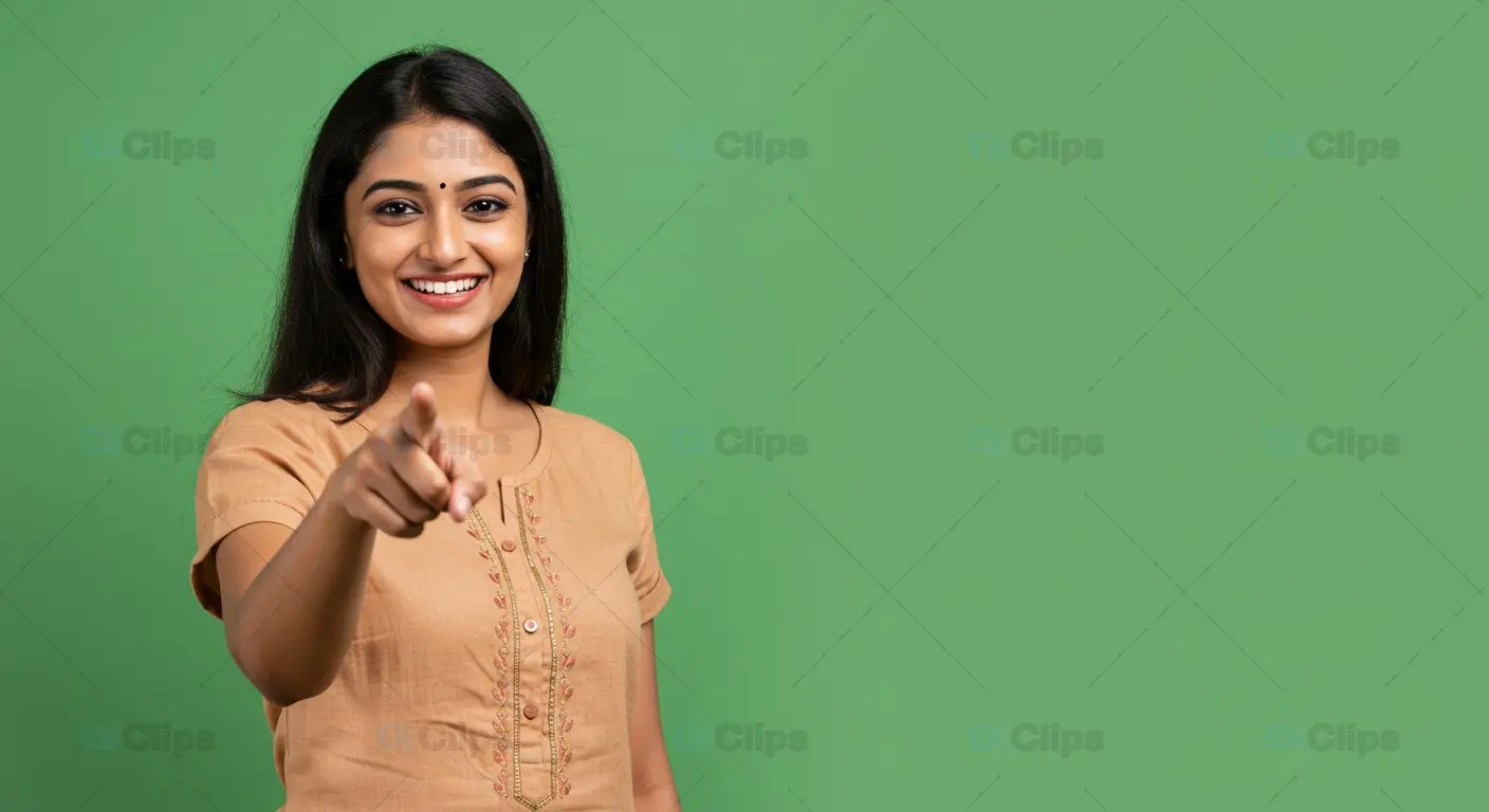 Woman with a Smile Pointing on a Lush Green Background