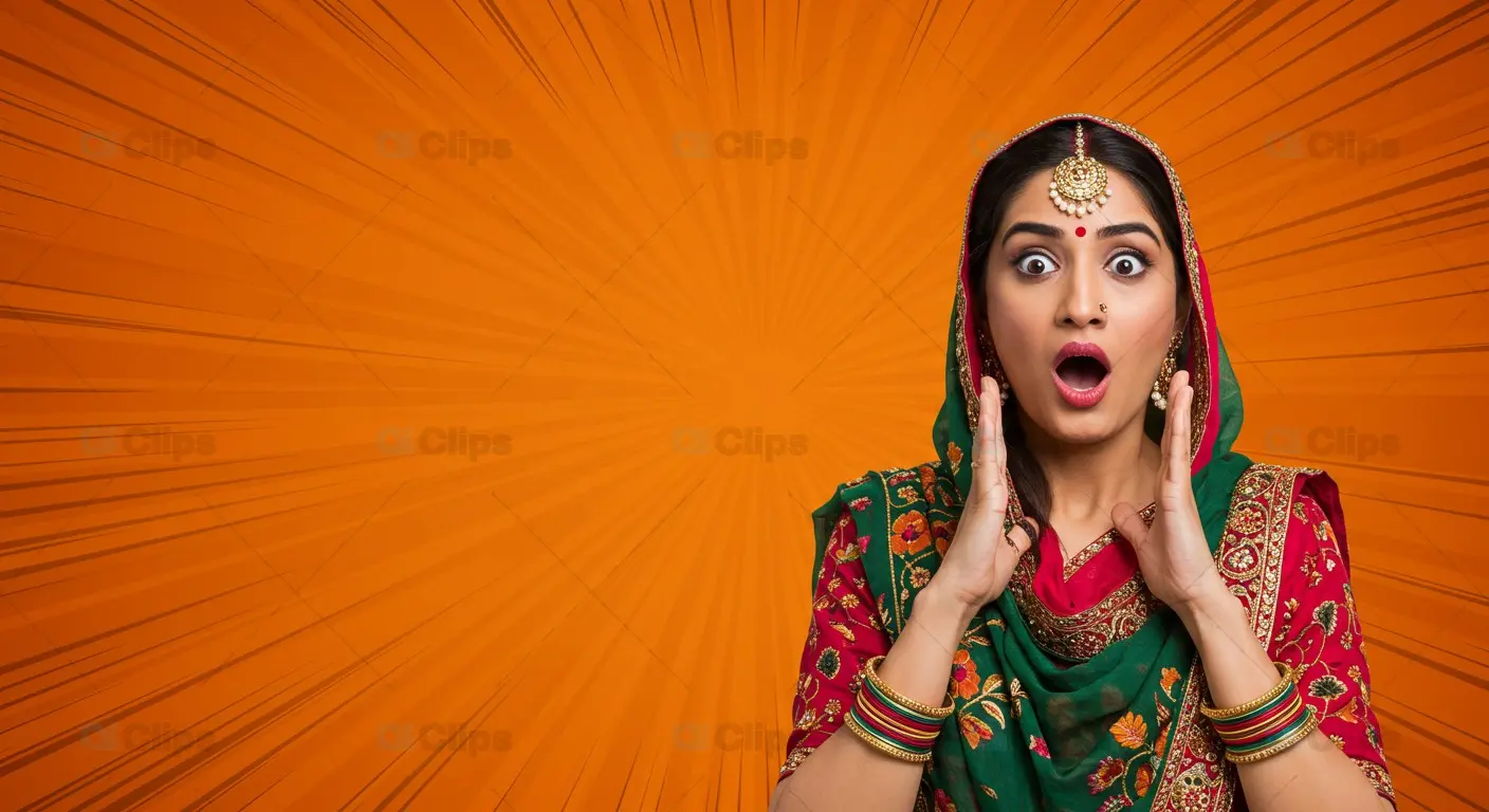 Surprised Indian Woman in Traditional Attire with Comic-Style Background