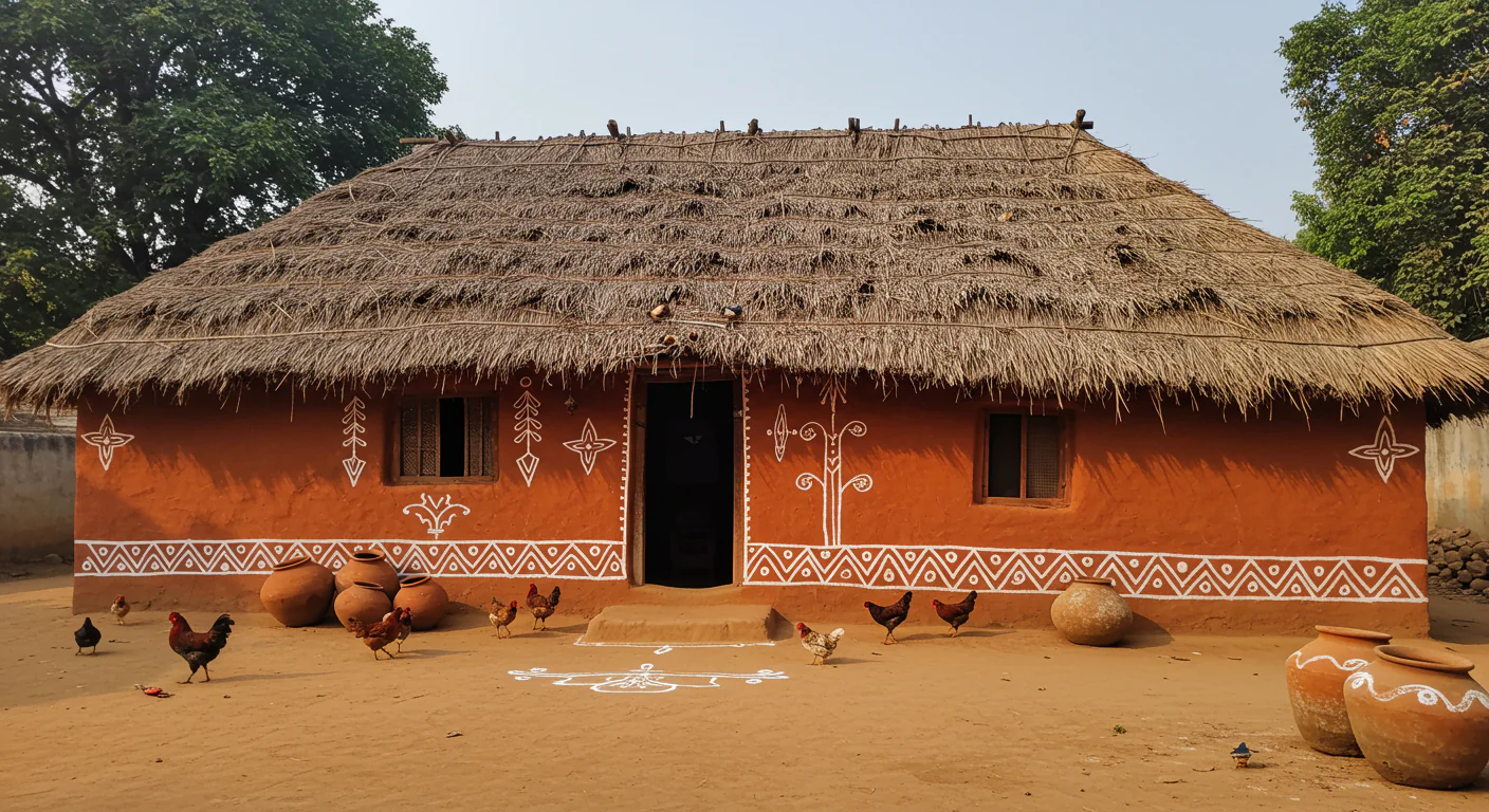 Colorful Indian Tribal Mud House with White Wall Art and Village Chickens