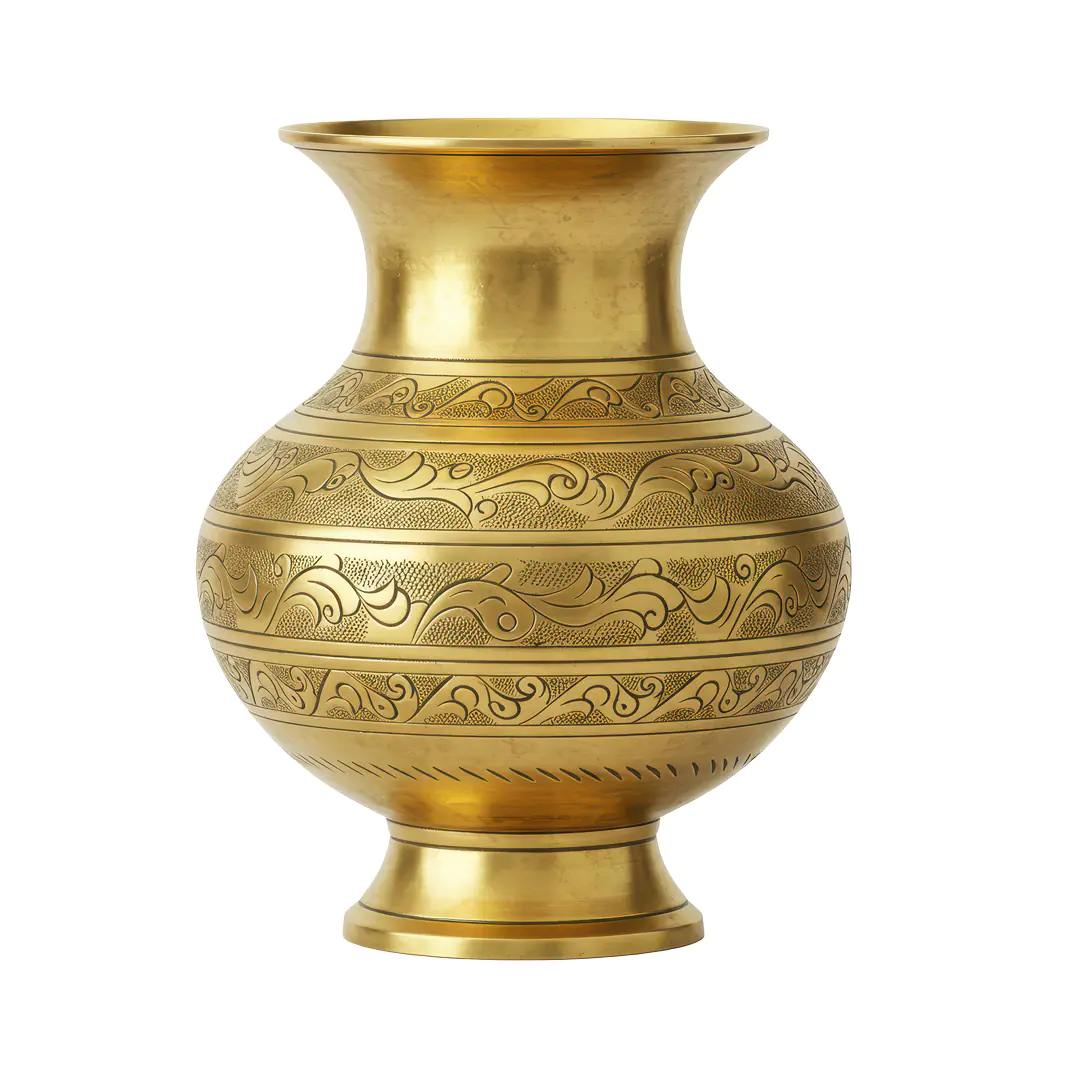 Golden Brass Kalash PNG – Traditional Indian Pot with Etched Floral Design