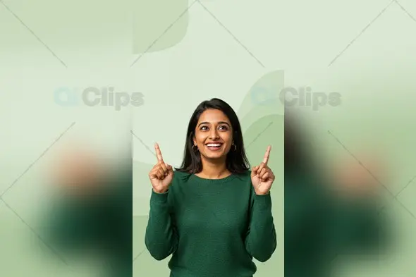 Happy Indian Woman Pointing Up with Green Background