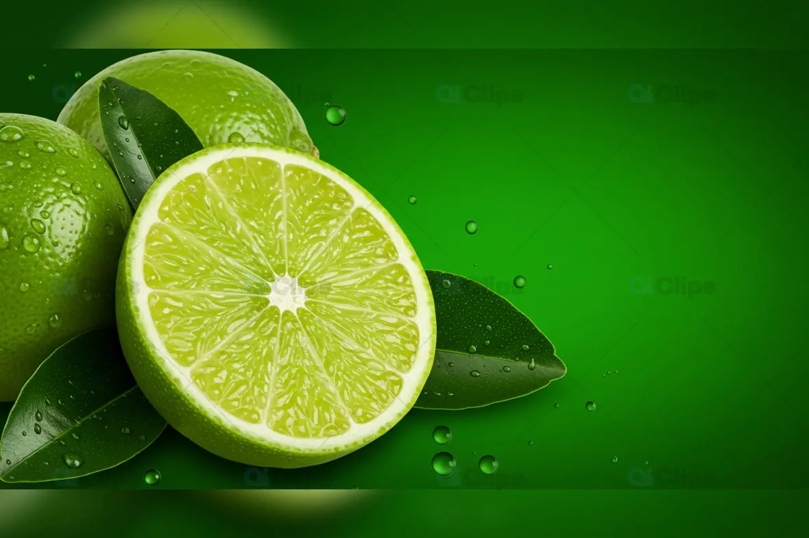 Fresh Lime Slice with Water Drops on Green Background