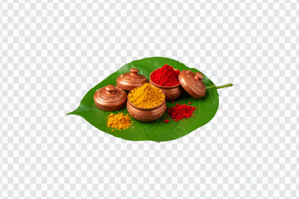 Indian Puja Kumkum and Haldi PNG Clipart in Copper Bowls on Leaf