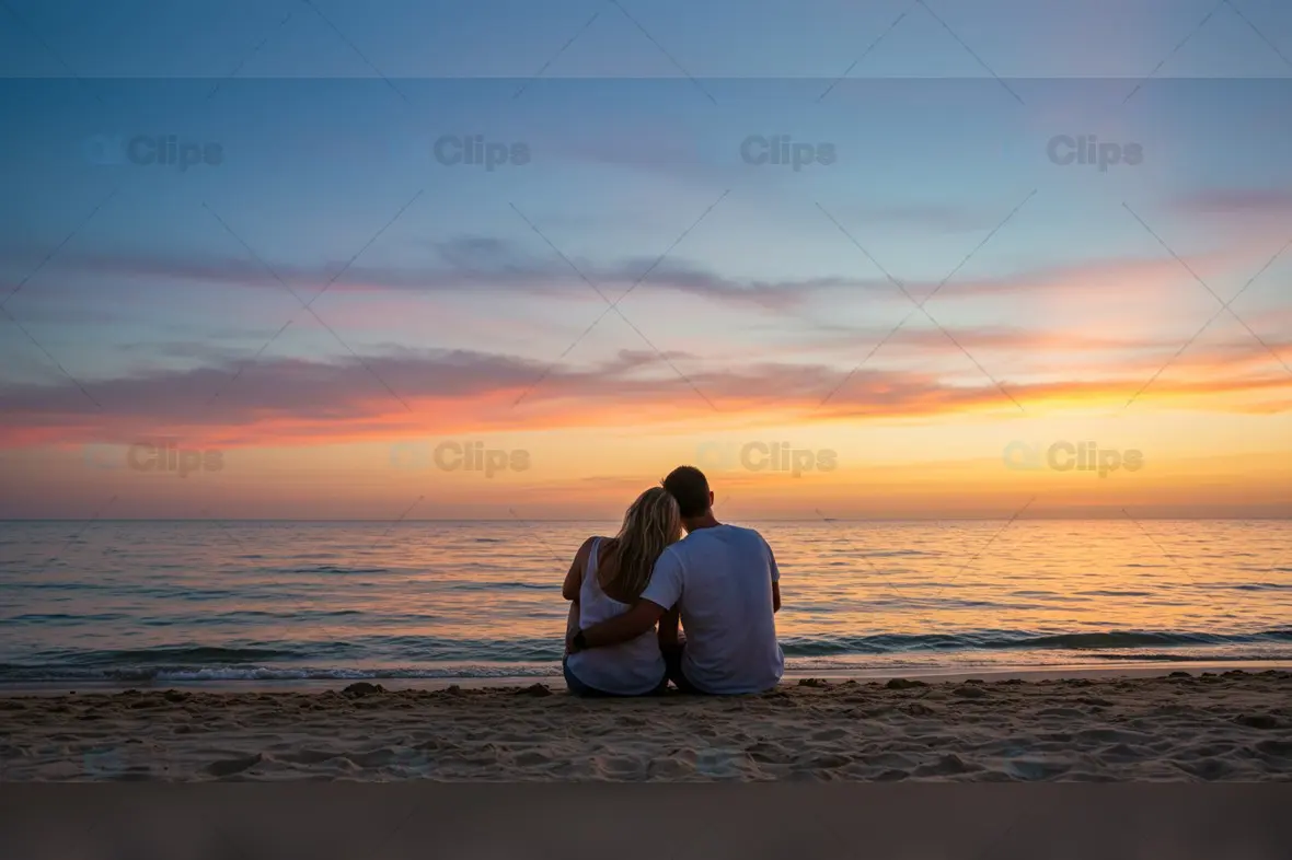 Couple Watching Vibrant Ocean Sunset from Sandy Beach