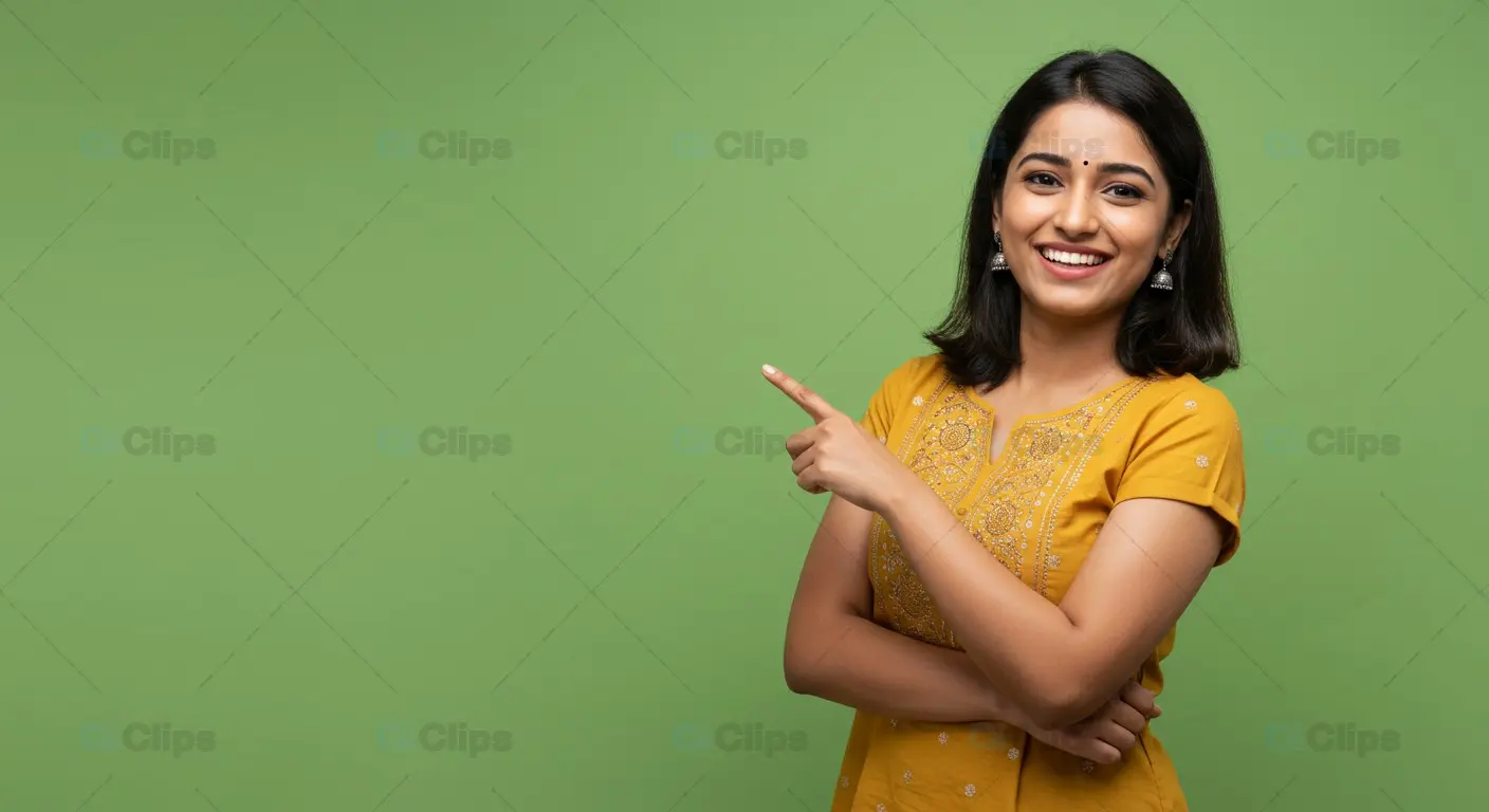 Happy Woman in Yellow Cultural Wear Pointing with Enthusiasm